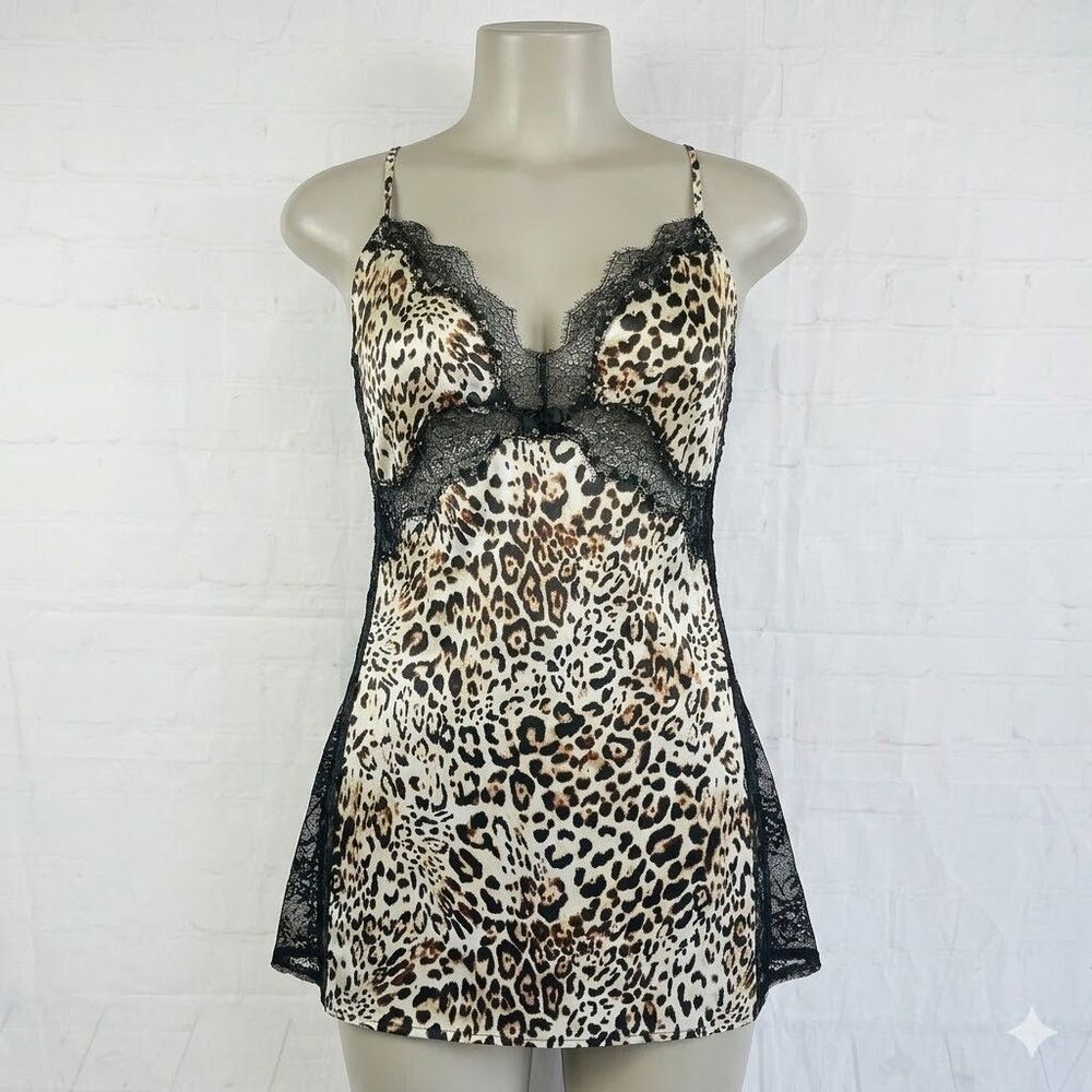 Victoria Secret Satin Slip Womens Size Large Leopard Lace Chemise Feminine Dress